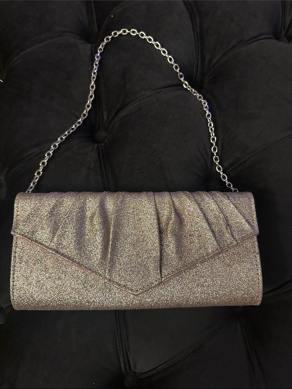 Glitter Evening Clutch Bag with Chain Strap - Silver